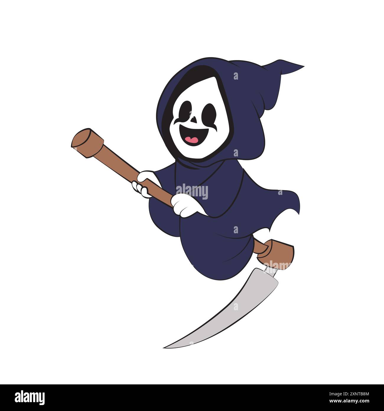 Cute happy grim reaper cartoon riding on its scythe. Vector illustration for tshirt, website, print, clip art, poster and custom print on demand merch Stock Vector