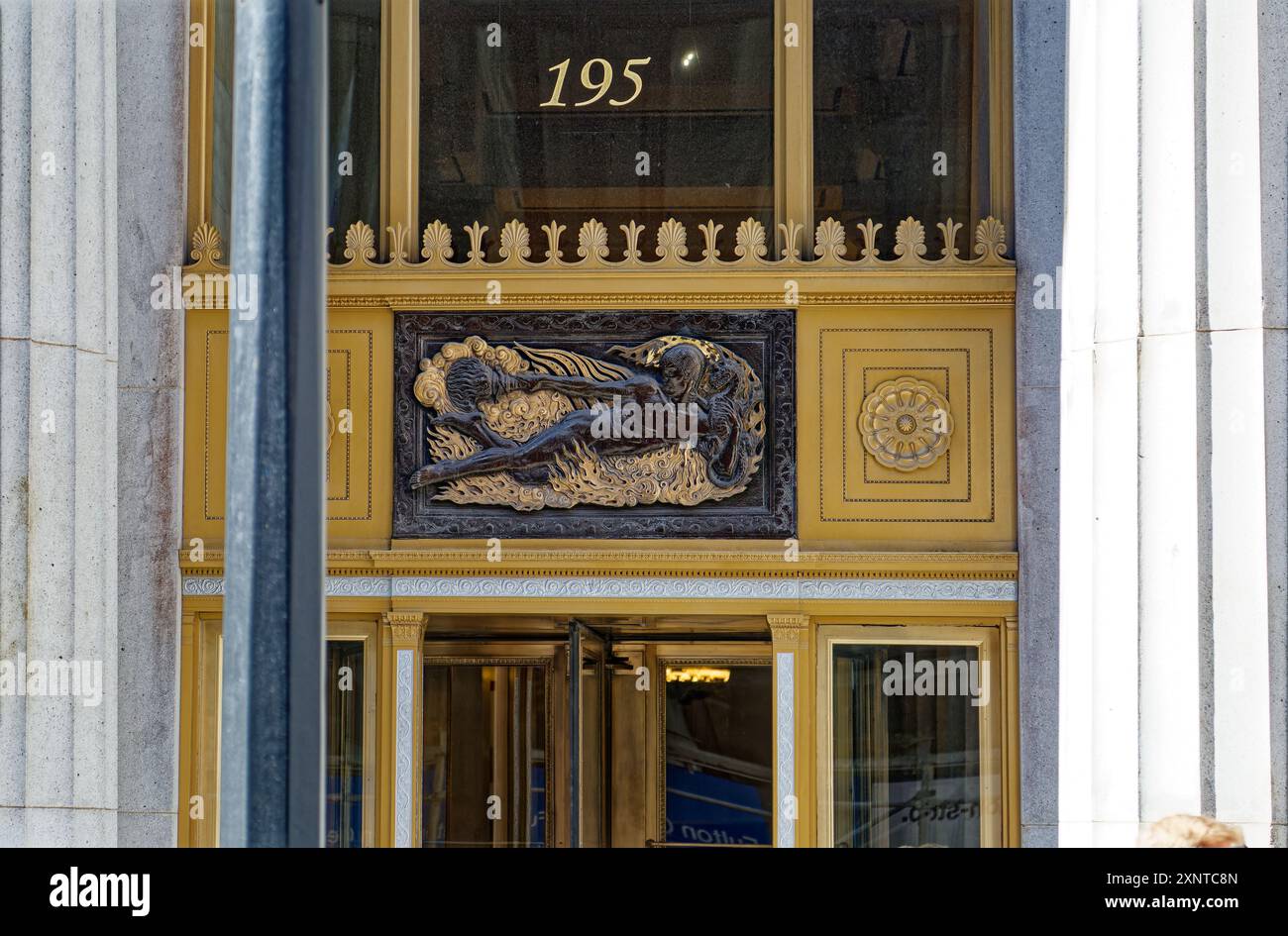 195 Broadway, American Telephone & Telegraph Company Building, is a neoclassical landmark in NYC’s Financial District, granite with bronze accents. Stock Photo