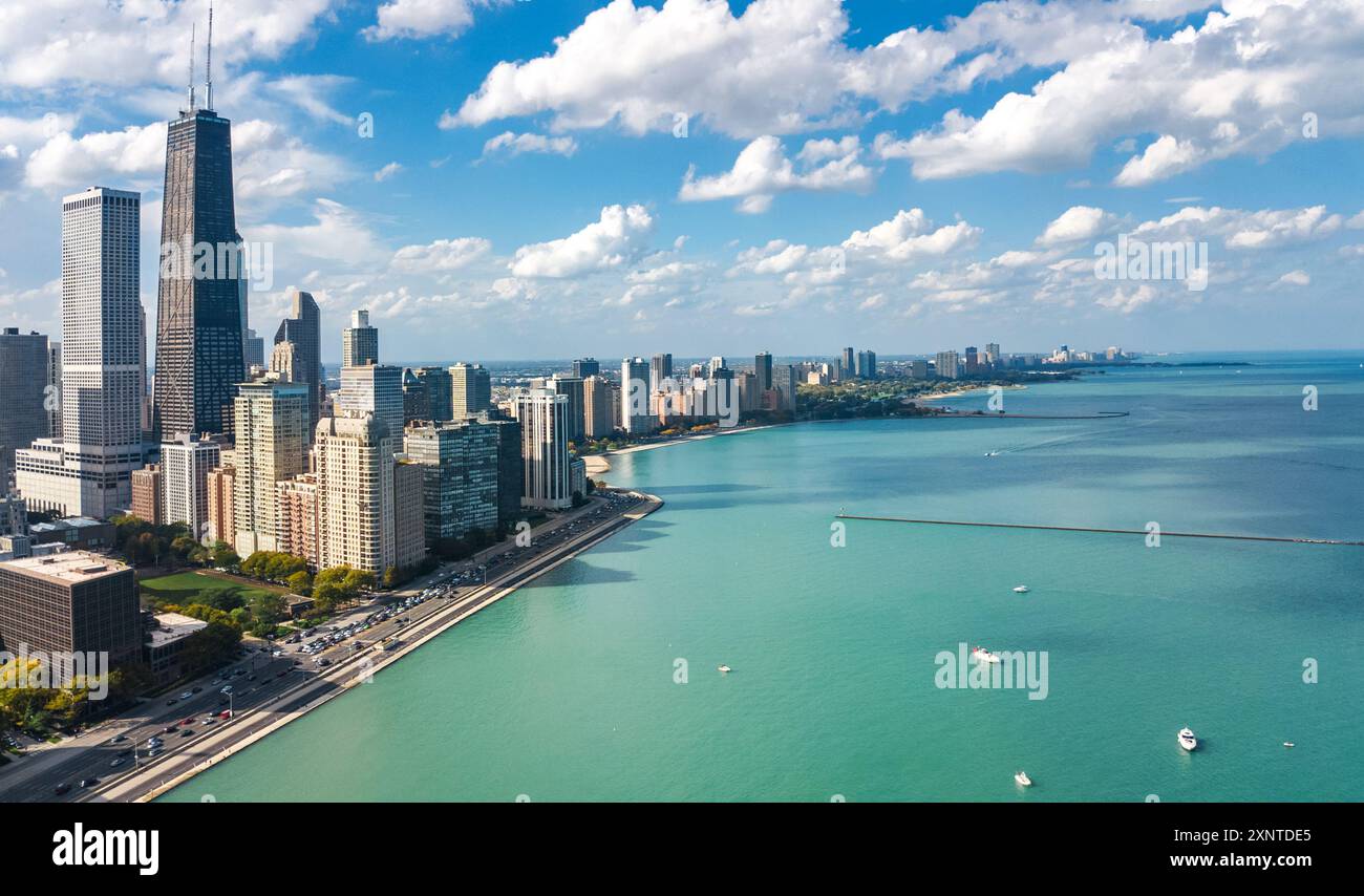 Chicago skyline aerial drone view from above, city of Chicago downtown skyscrapers and lake Michigan cityscape, Illinois, USA Stock Photo