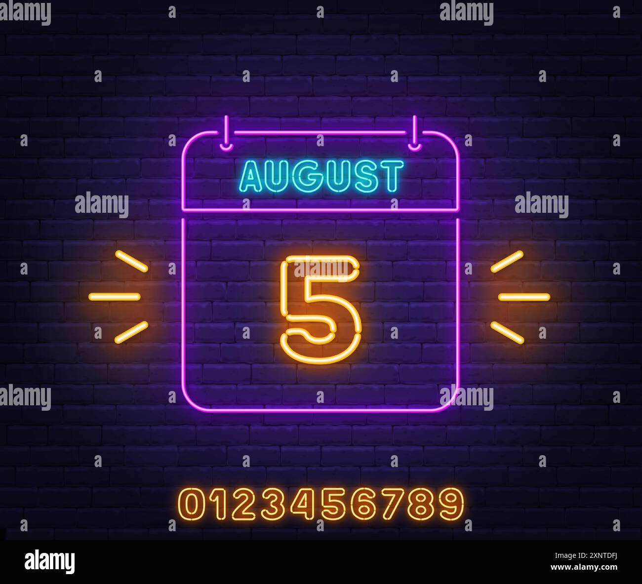 Neon Calendar Sign 5 August on brick wall background. Template with neon yellow numbers. Stock Vector