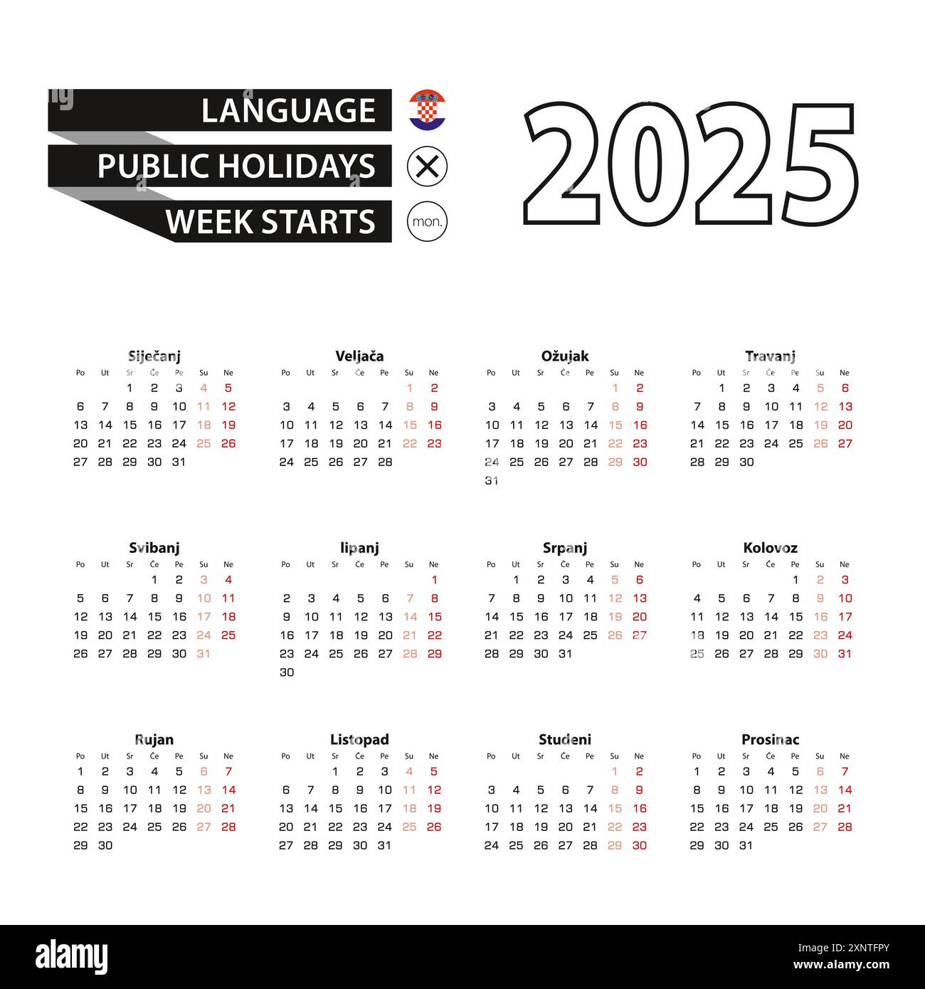 Calendar 2025 in Croatian language, week starts on Monday. Vector calendar 2025 year Stock