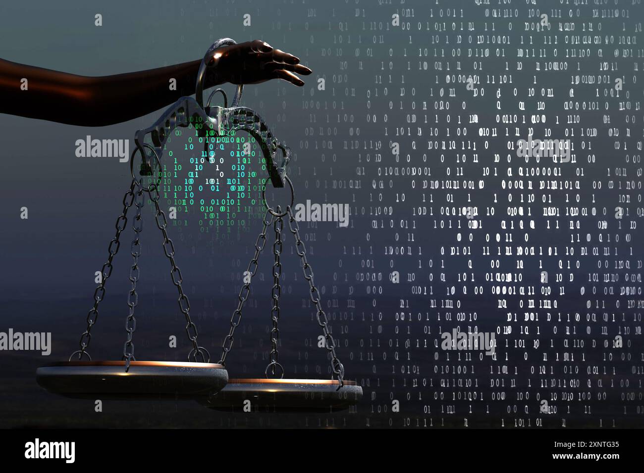 Cyber law digital technology concept. Artificial intelligence lawyer with Justice scales on binary code background. 3D render illustration. Stock Photo