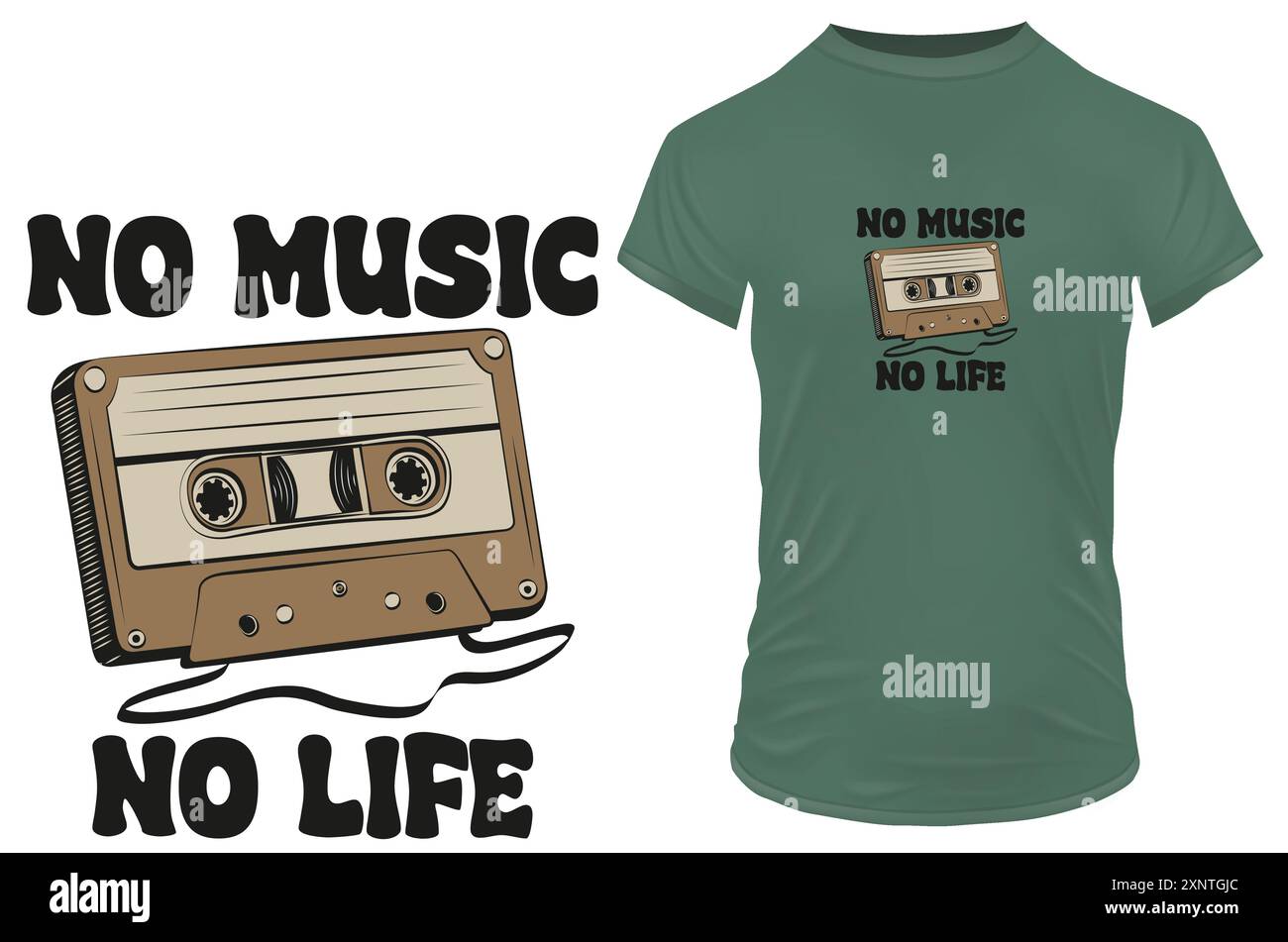 Retro compact cassette with a funny quote no music no life. Vector illustration for tshirt merch, website, clip art and custom print on demand merch Stock Vector