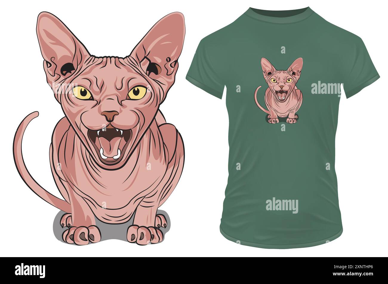 Angry sphynx cat in cartoon style with a funny double meaning quote psychocat. Vector illustration for tshirt, website, clip art, poster and print on Stock Vector