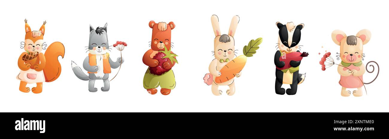 Children cute animals isolated on white background. Forest animals ...