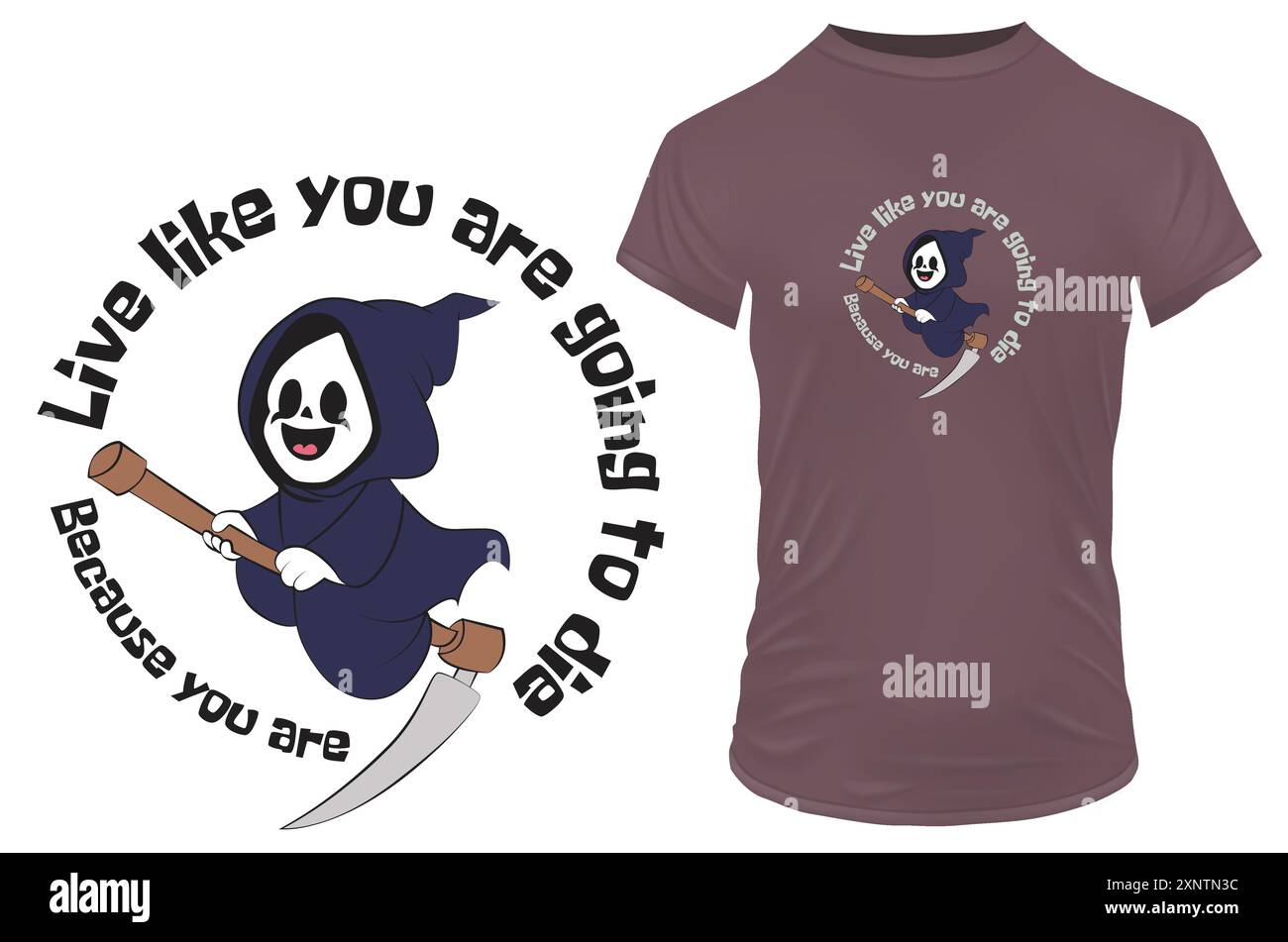 Cute grim reaper riding on its scythe with a funny quote live like you are going to die because you are. Vector illustration for tshirt merch Stock Vector