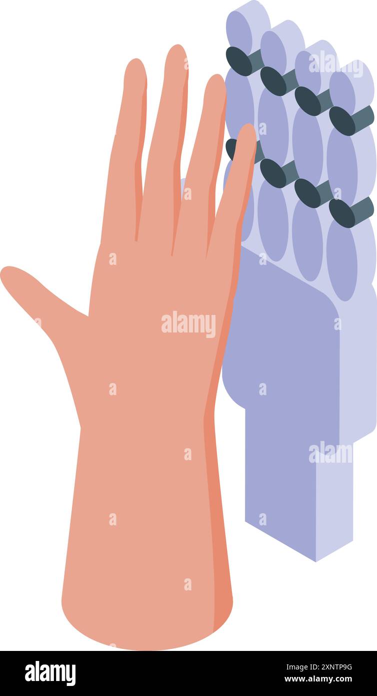 Engineer is touching a bionic hand with artificial sensors, isometric icon Stock Vector