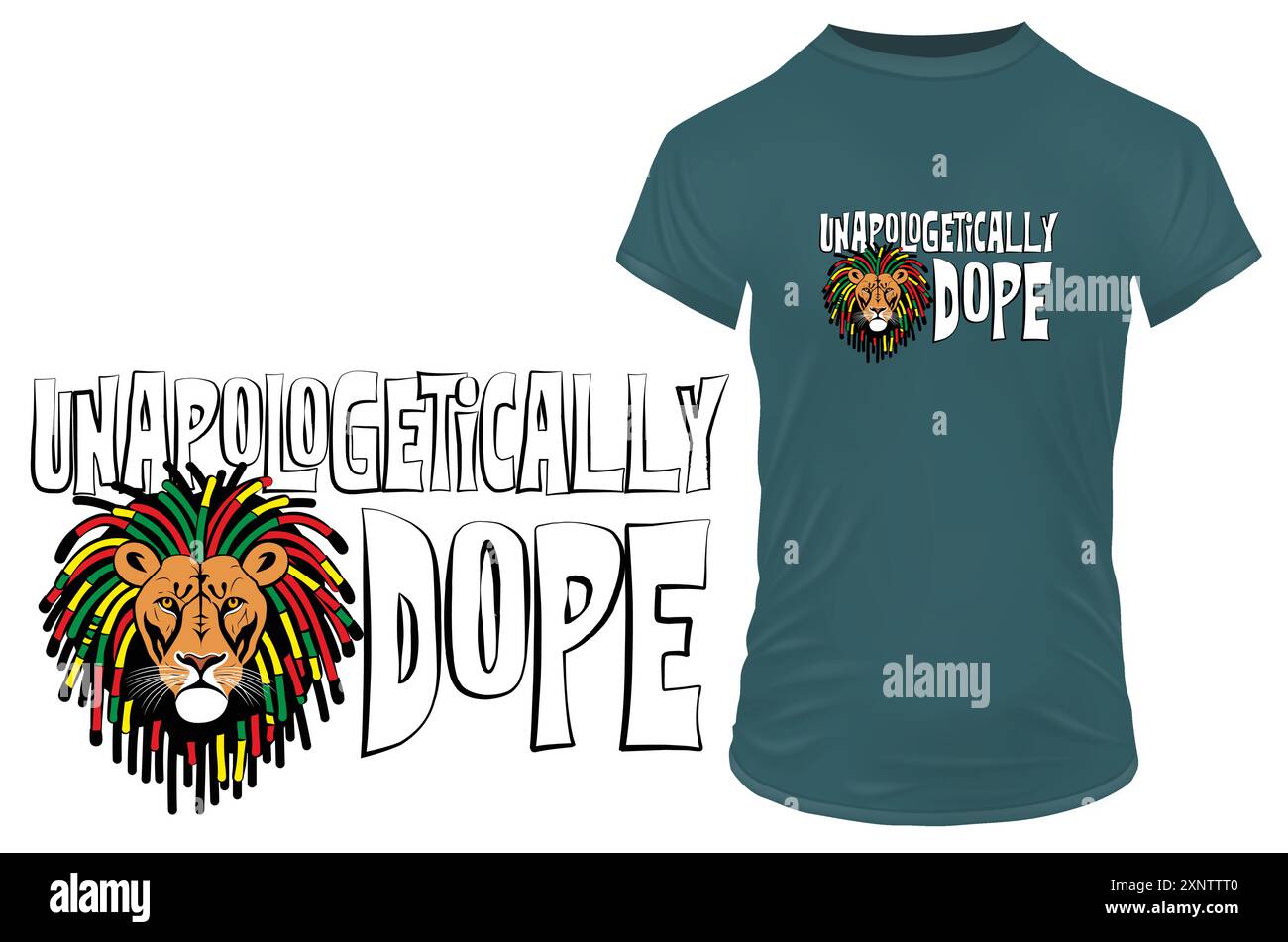 A cool Rastafarian lion with colorful dreadlocks with a funny inspirational motivational quote unapologetically dope. Vector illustration for tshirt, Stock Vector