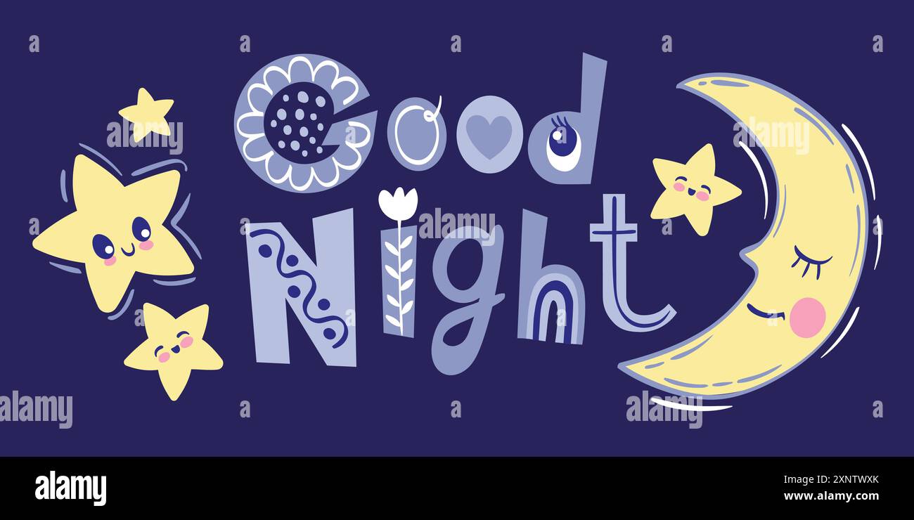 Half-moon slipping among stars and short phrase good night. Vector hand drawn illustration on blue background Stock Vector