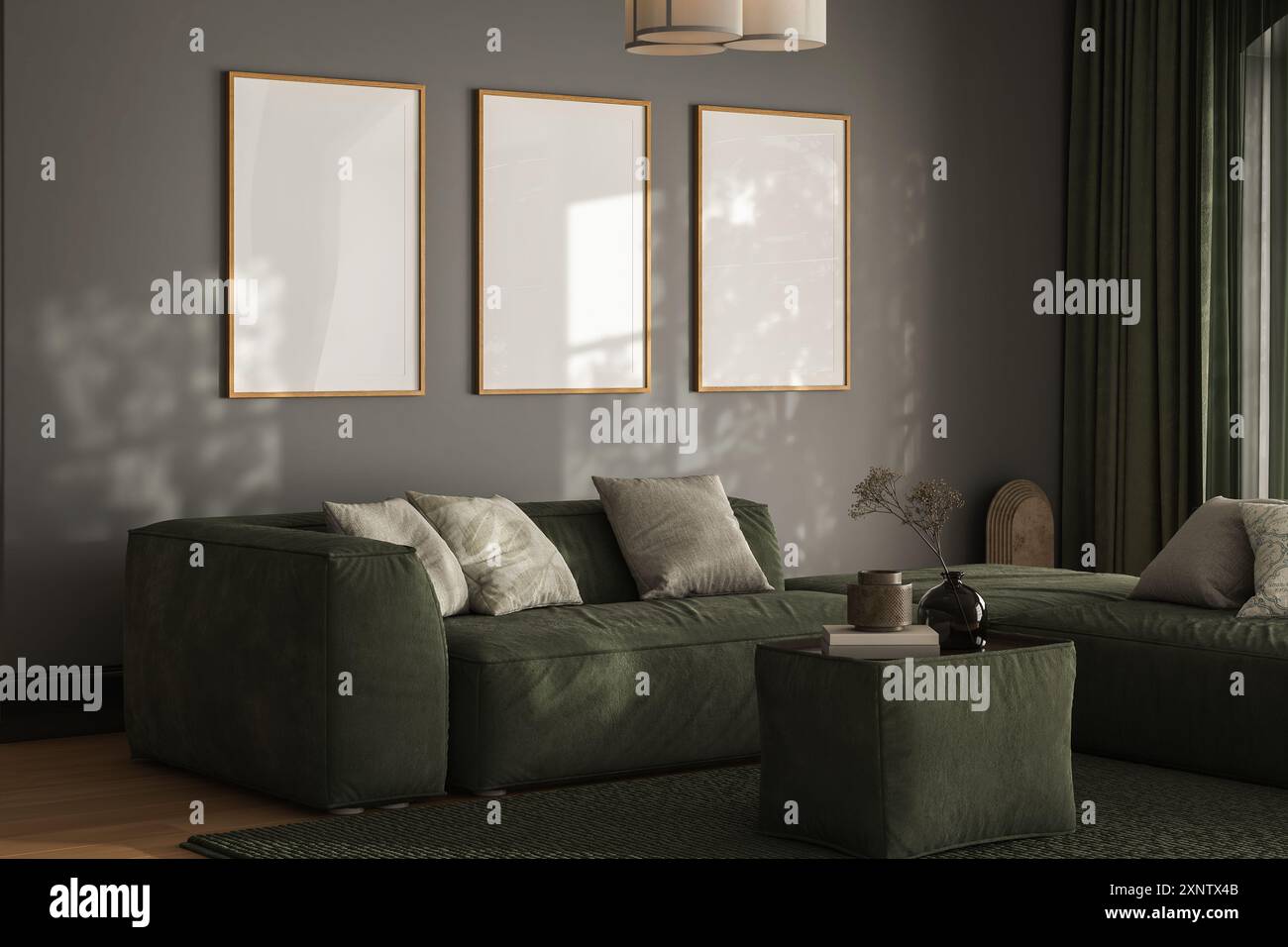 Modern interior of open space with design modular green sofa, furniture, wooden coffee table, plaid, pillows, chairs and kitchen and elegant personal Stock Photo