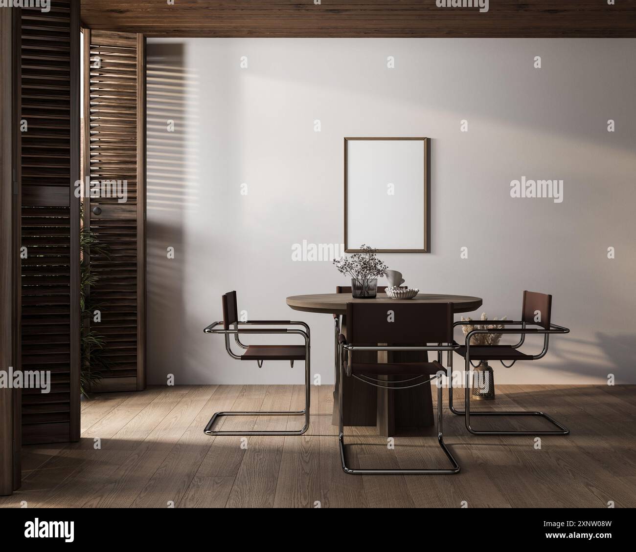 Mockup poster frame in dining room interior background Stock Photo