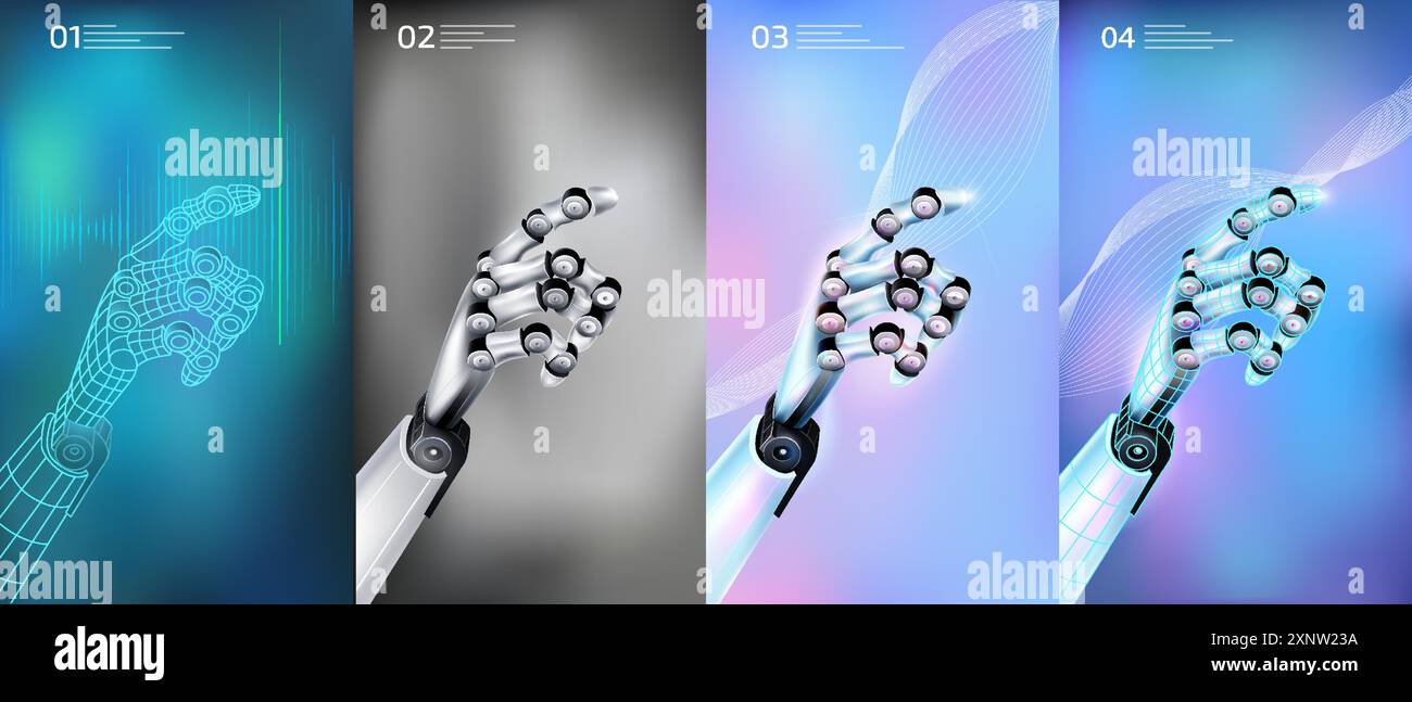 Realistic white robot hands located in digital space Stock Vector