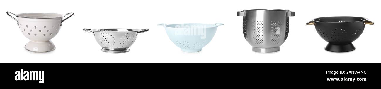 Many different colanders isolated on white, set Stock Photo - Alamy