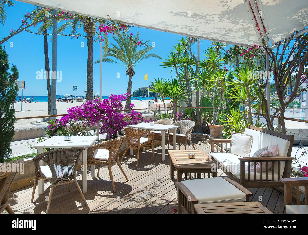 Bar terrace overlooking Magaluf Beach, Mallorca, Balearics, Spain Stock Photo