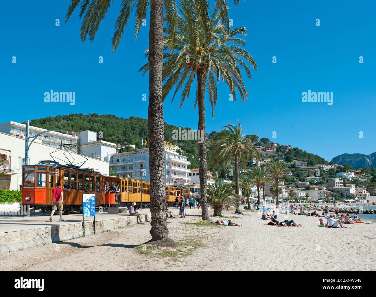 Miorca Raves Tram running behind Es Traves Beach, Port Soller, Majorca, Balearics ...