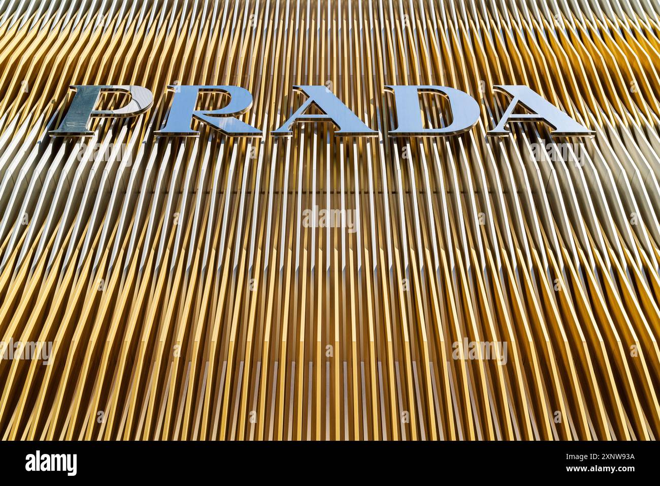 Prada logo and brand name towering over the viewer on the
