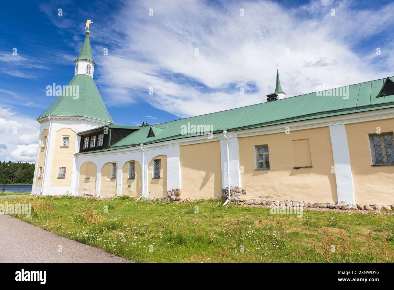 Exterior of Valday Iversky Monastery, Russia. Stone wall and watchtower on a sunny summer day Stock Photo