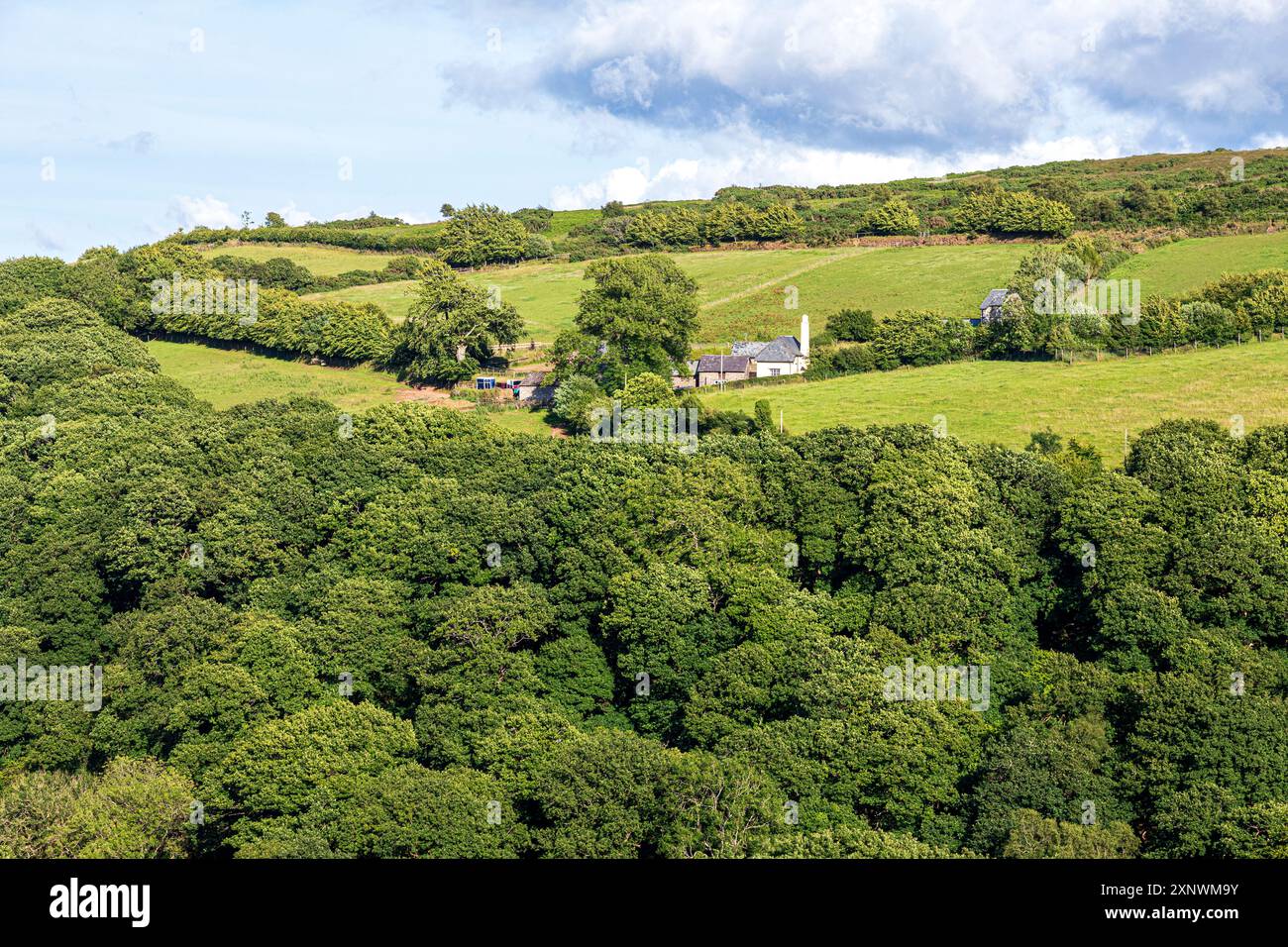 The tiny, remote farm & church at Stoke Pero (the highest church on Exmoor), Somerset UK - viewed across the wooded valley from Wilmersham Stock Photo