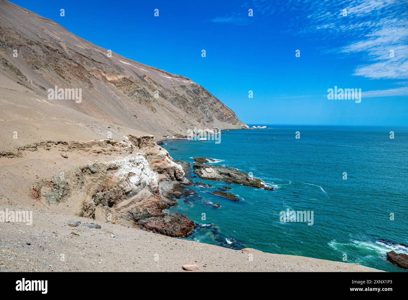 Coastline and recovery place of the Chinchorro Mummies, UNESCO World Heritage Site, Camarones Valley, northern Atacama desert, Chile, South America Stock Photo