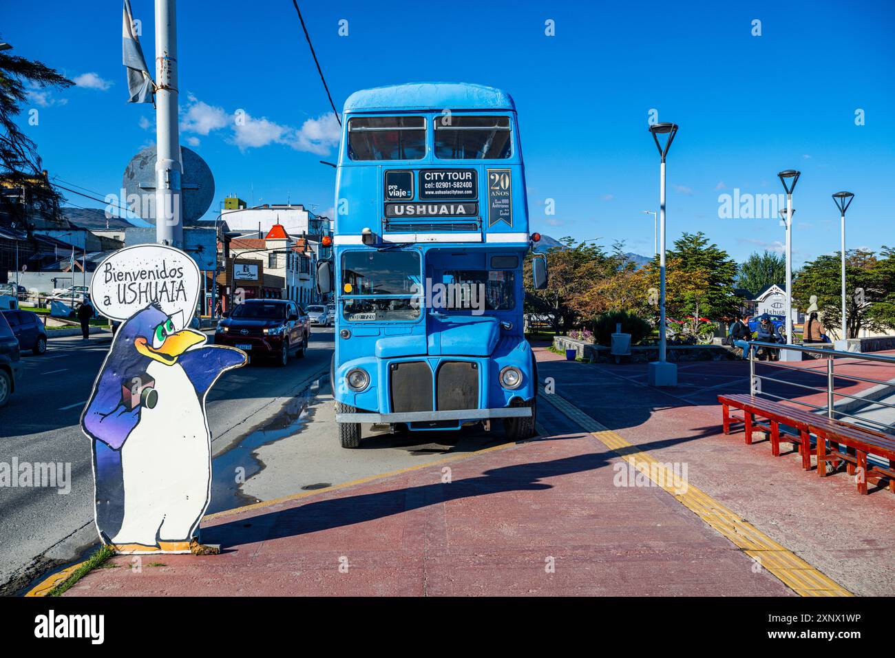 Old turquoise blue double decker tour bus, Marina of Ushuaia, Tierra del Fuego, Argentina, South America Stock Photo