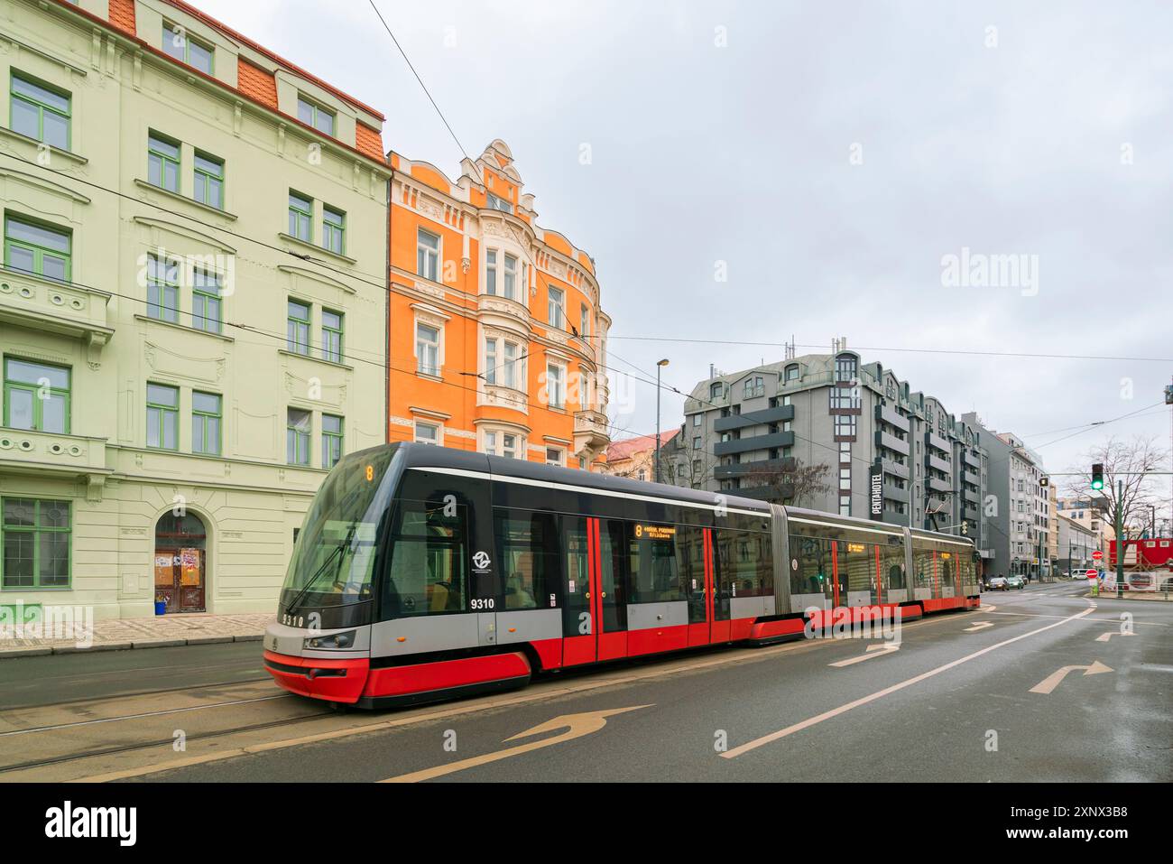 Modern tram of Prague public transportation, Karlin, Prague, Czech Republic (Czechia), Europe Stock Photo