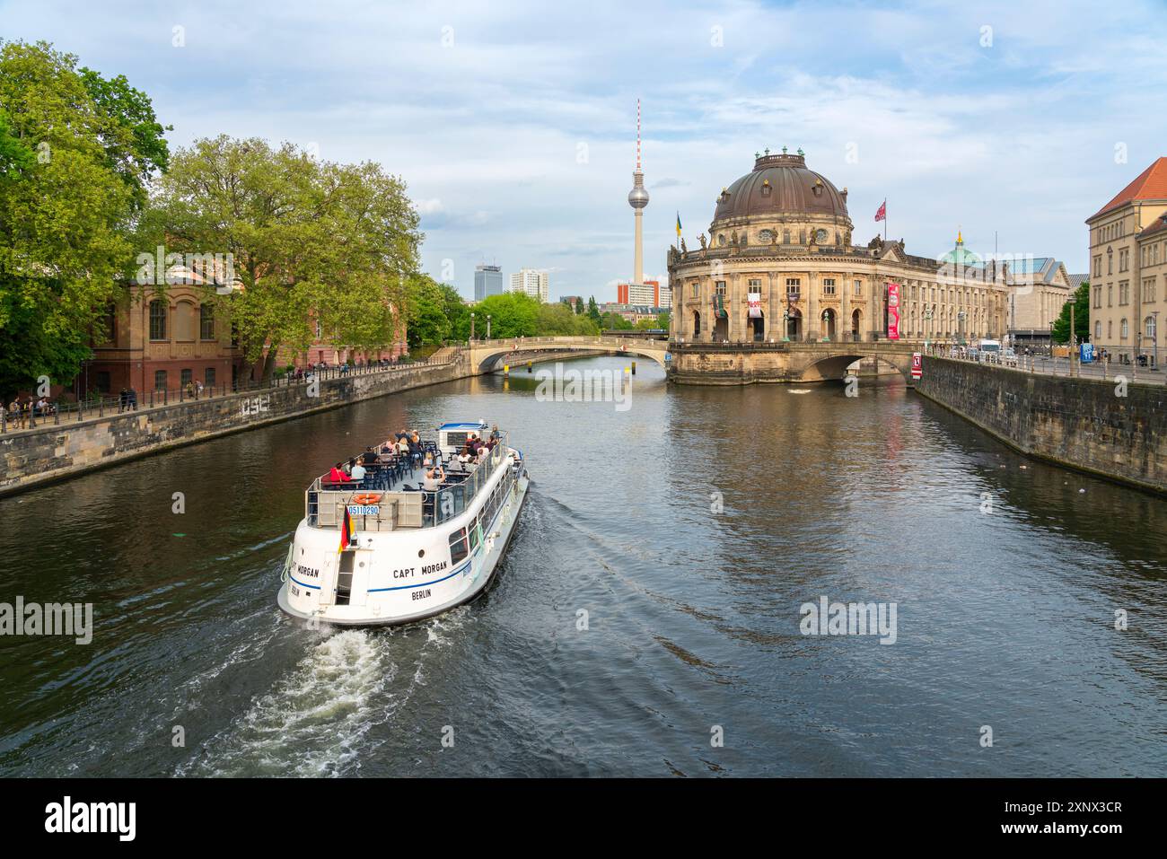Tourist boat on Spree River heading to Bode Museum and TV Tower, Museum ...