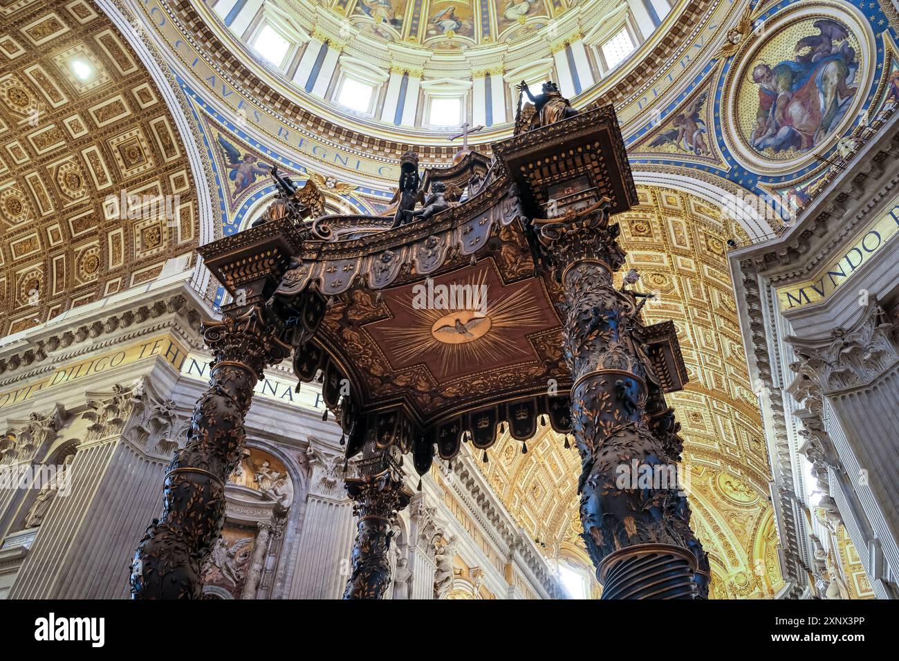 Detail of the Papal Altar and Baldacchino, located in the central part of St. Peter's Basilica in Vatican City, UNESCO, papal enclave in Rome Stock Photo