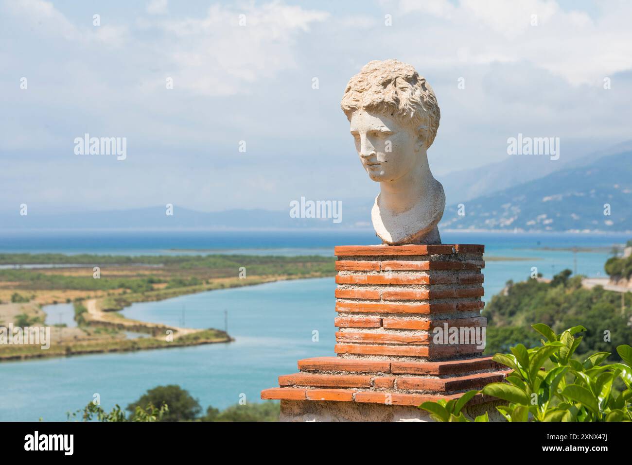 Copy of the head of the Goddess of Butrint in the precinct of the Acropolis of the Archaeological site of Butrint, Butrint National Park, UNESCO, near Saranda, on the Ionian coast, Albania Stock Photo