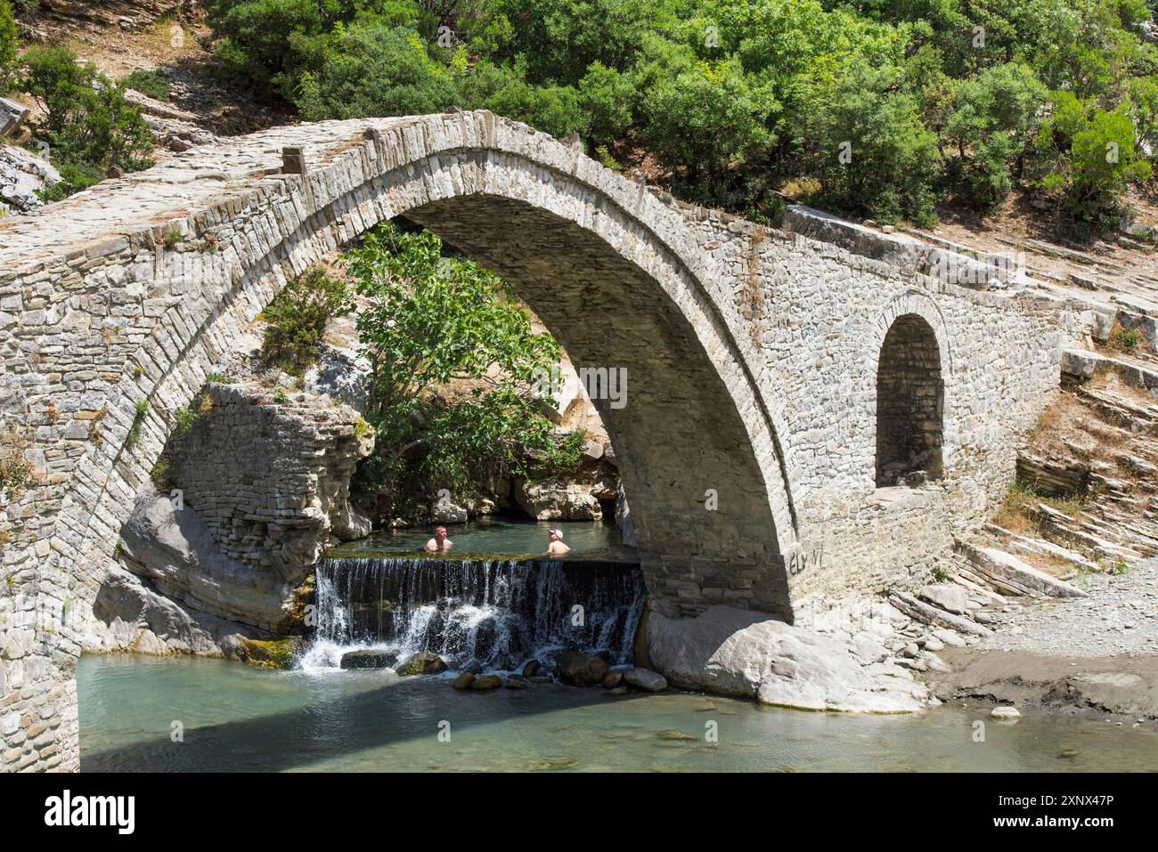 Ottoman Bridge and Hot Springs at the Langarice Canyon, Vjosa (Vjose) River, Albania, Europe Stock Photo