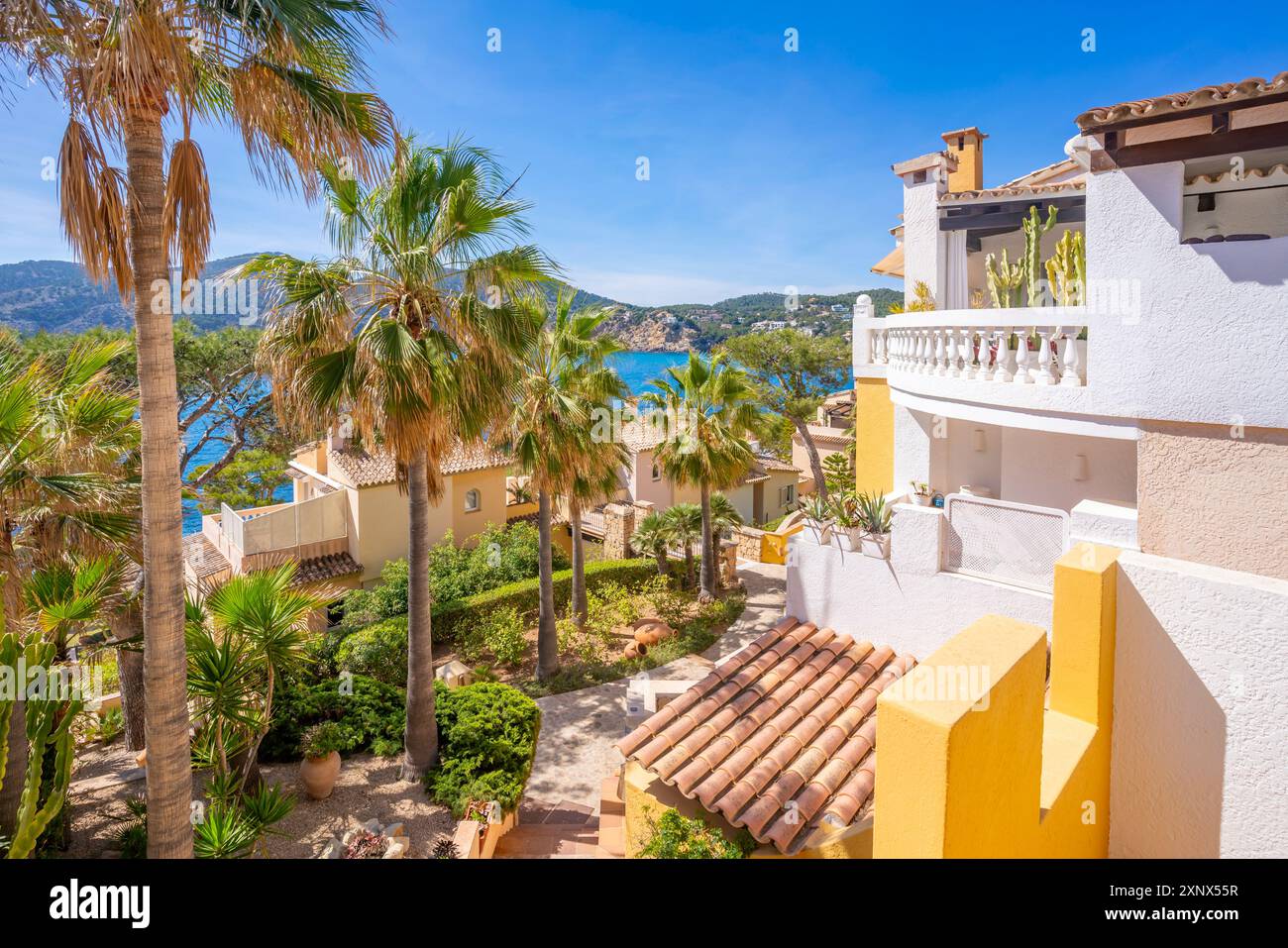 View of villlas overlooking bay at Camp de Mar, Camp de Mar, Majorca, Balearic Islands, Spain, Mediterranean, Europe Stock Photo