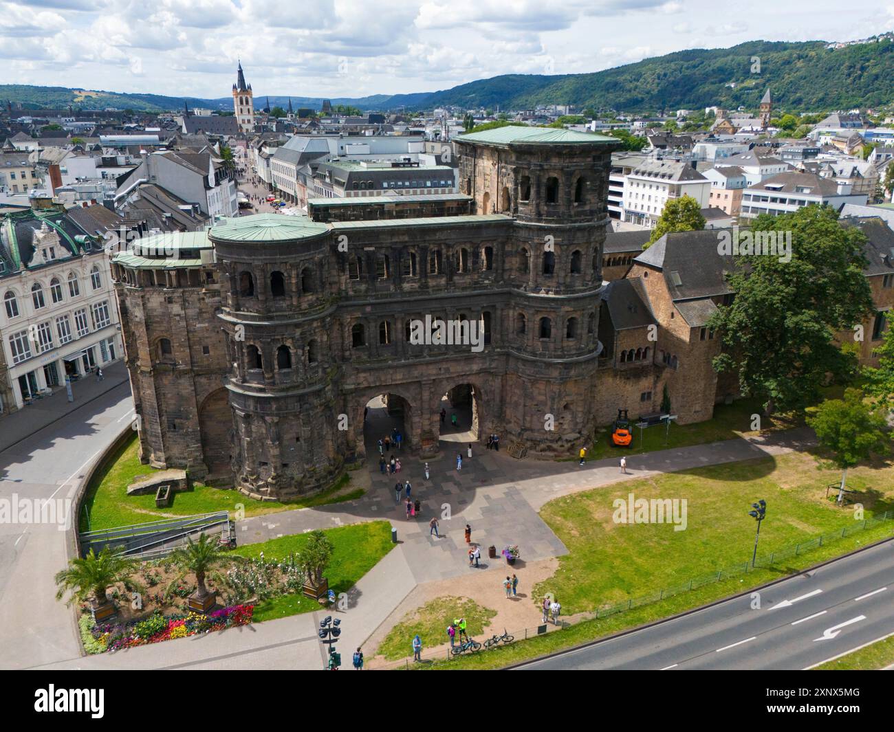 Historical architecture of the Porta Nigra with city panorama ...