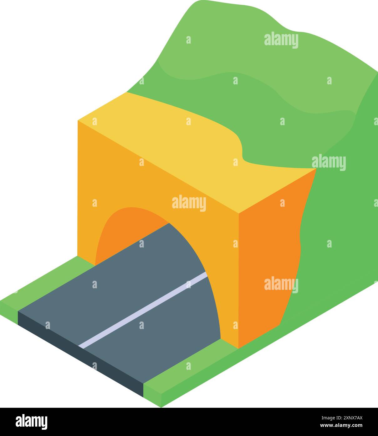 Isometric illustration of a road passing through a tunnel under a green ...