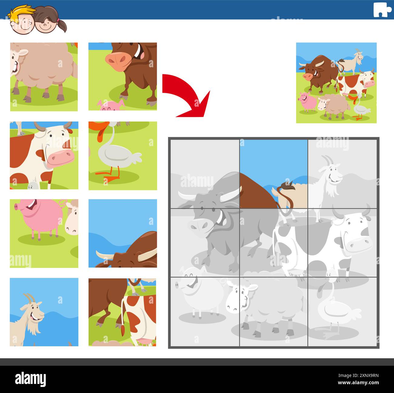 Cartoon illustration of educational jigsaw puzzle game for children ...