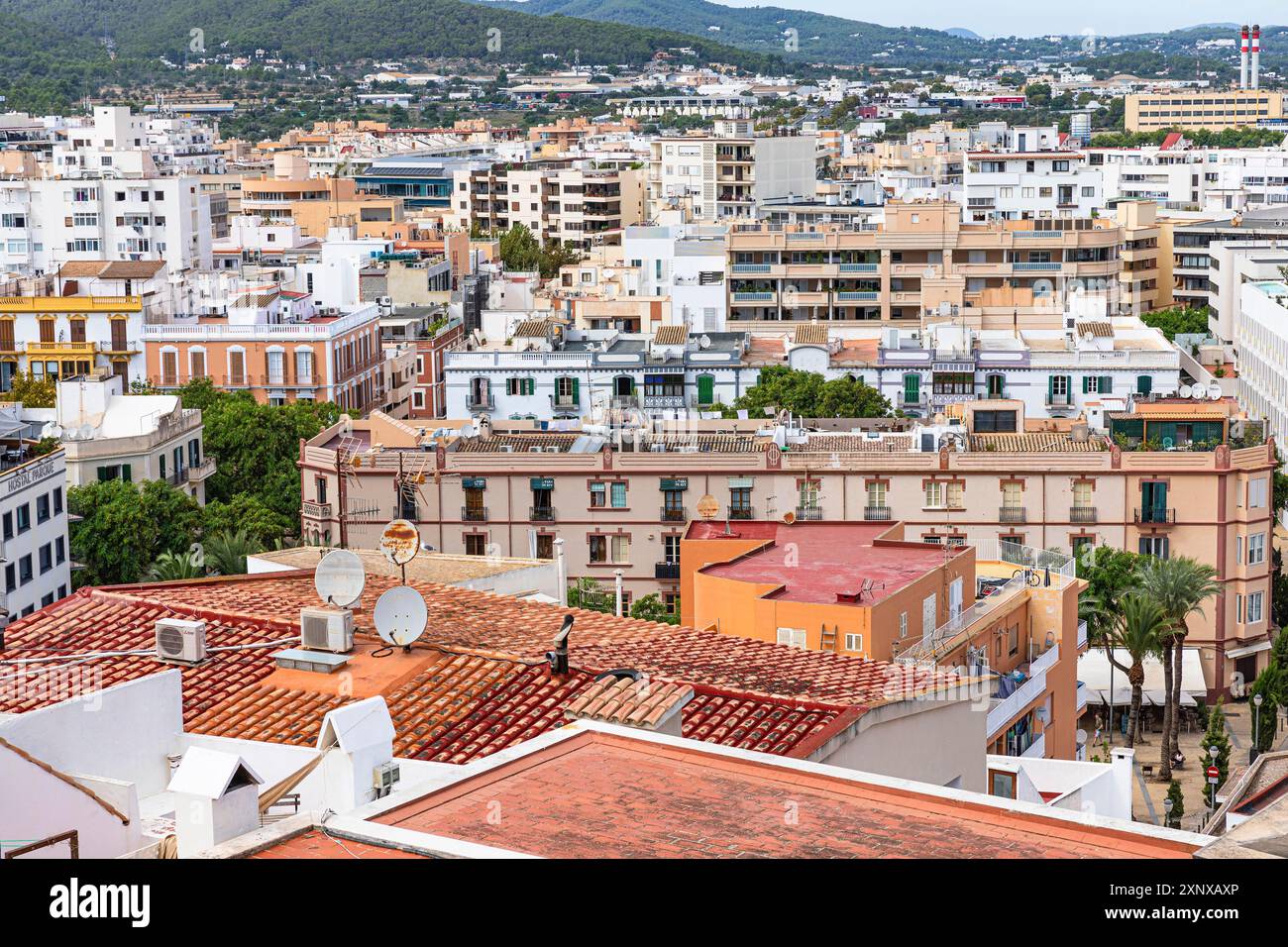 Above the rooftops of Eivissa's old town, Ibiza Town, Ibiza, Balearic Islands, Mediterranean, Spain Stock Photo