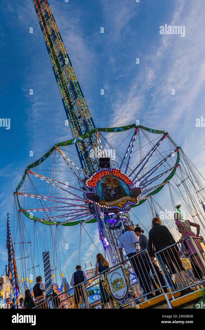 Kettenflieger Bayern Tower, chain carousel, Oktoberfest, Festwiese, Theresienwiese, Munich, Upper Bavaria, Bavaria, Germany Stock Photo