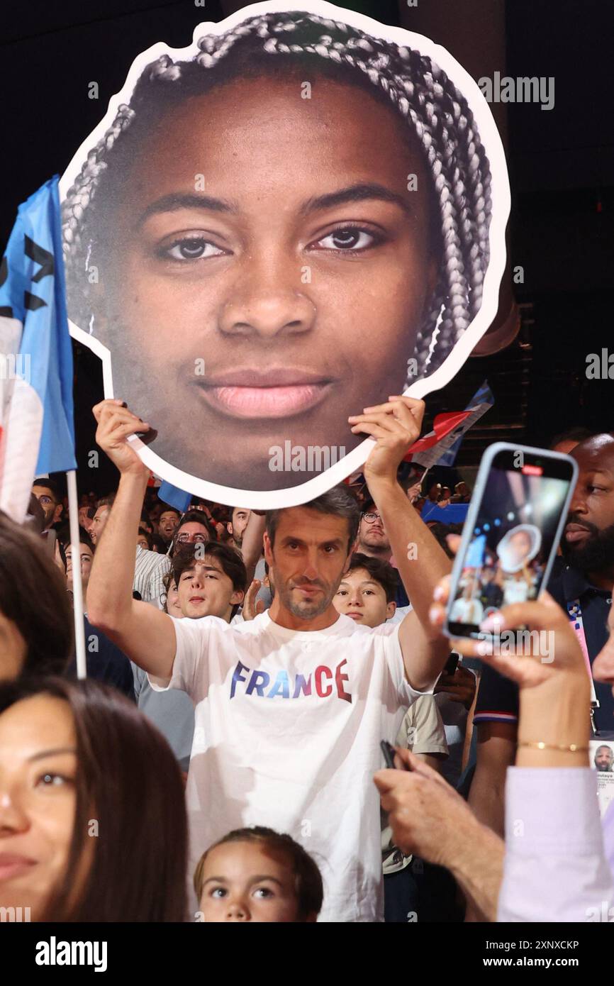 Paris, France. 02nd Aug, 2024. President of Paris 2024, Tony Estanguet celebrates Teddy Riner