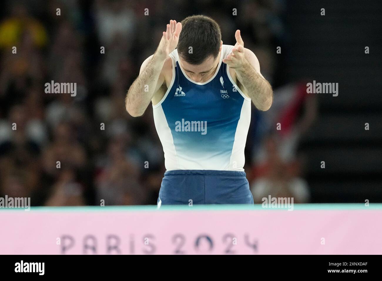 Pierre Gouzou of France competes during the men's trampoline finals in