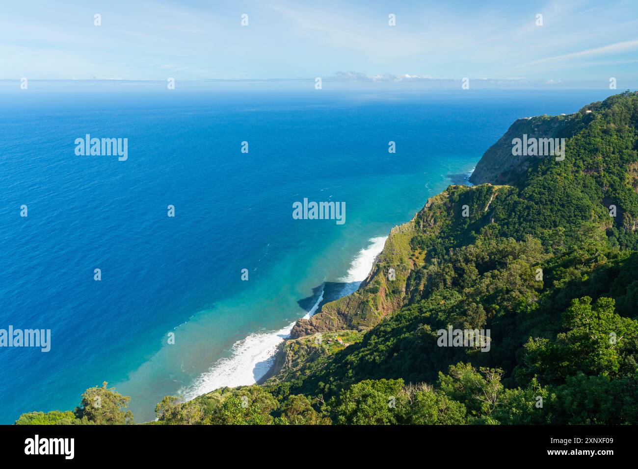 Elevated view of sea coast near Arco do Sao Jorge, Santana, Madeira ...