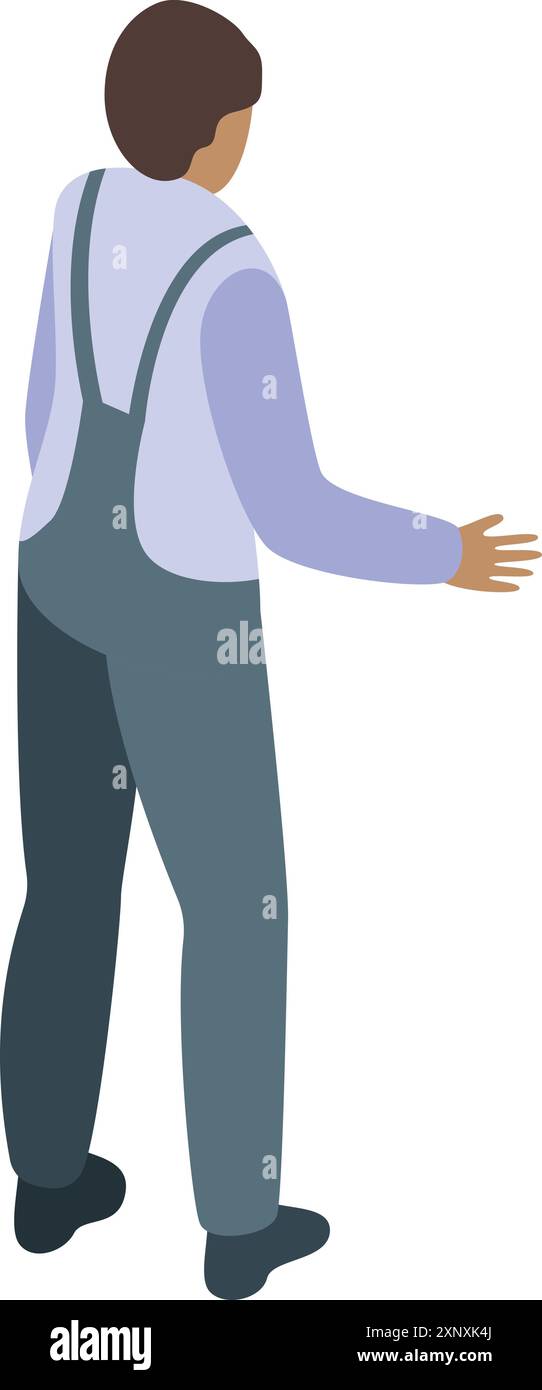 Young handyman in work overalls is gesturing with his hand Stock Vector