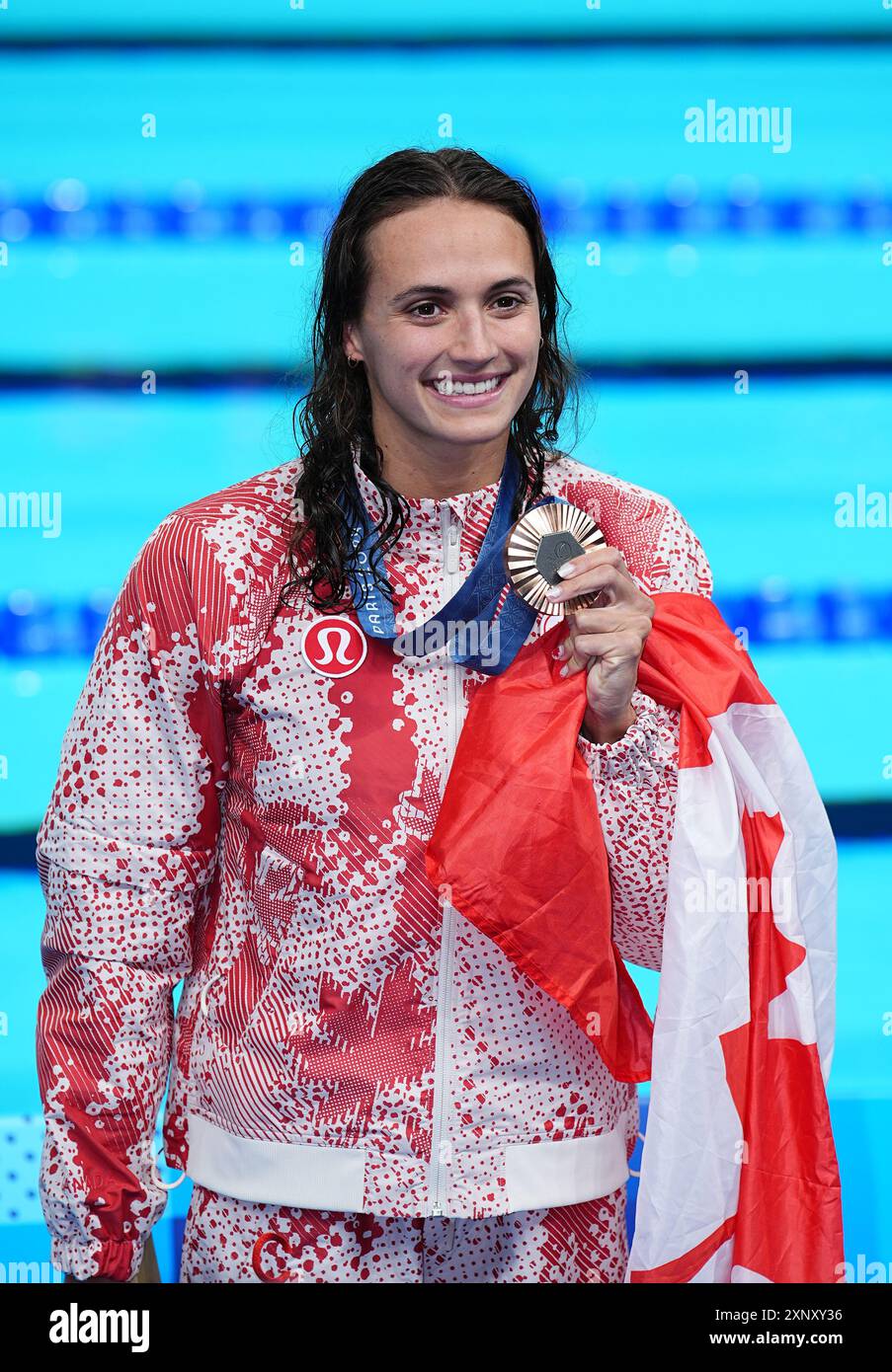 Canada’s Kylie Masse with her bronze medal after the Women’s 200m
