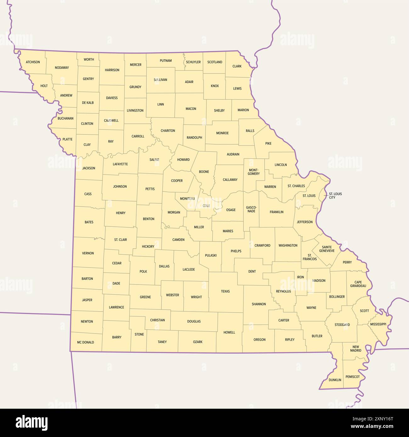 Missouri subdivided into 114 counties - Missouri Subdivided Into 114 Counties And The Independent City St Louis Political Map State In The Midwestern Region Of United States 2XNY16T 
