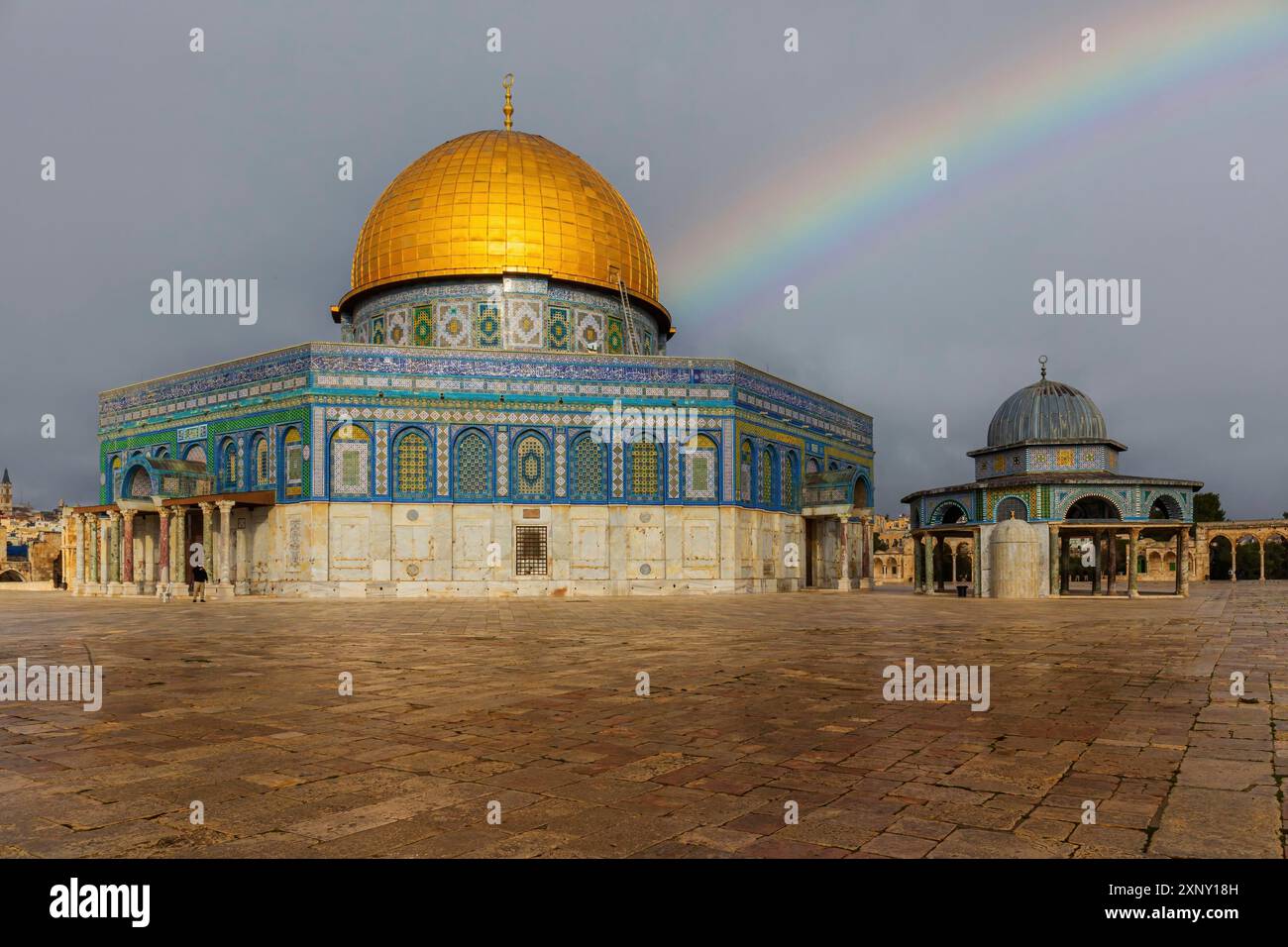 Old City of Jerusalem with rainbow and Dome of the Rock Stock Photo