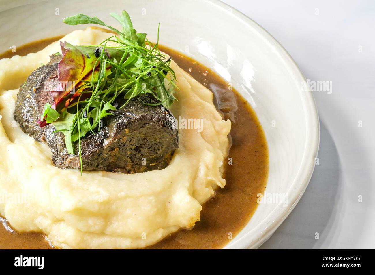 Braised ox cheeks on celery potato puree with brown sauce and wild herb garnish in a deep plate, selected focus, narrow depth of field Stock Photo