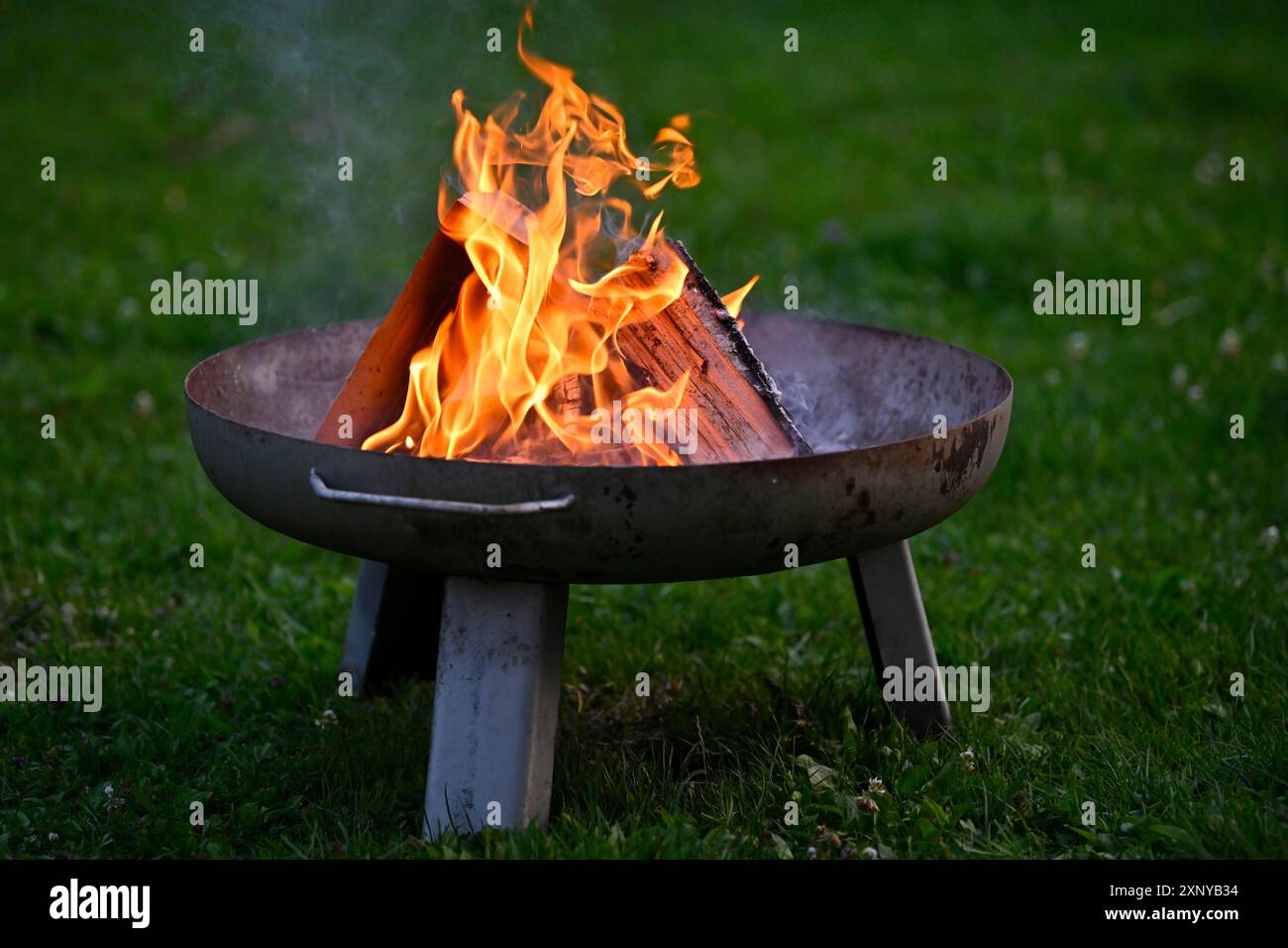 Fire bowl on lawn, in the garden, wood, fire, Stuttgart, Baden-Wuerttemberg, Germany Stock Photo