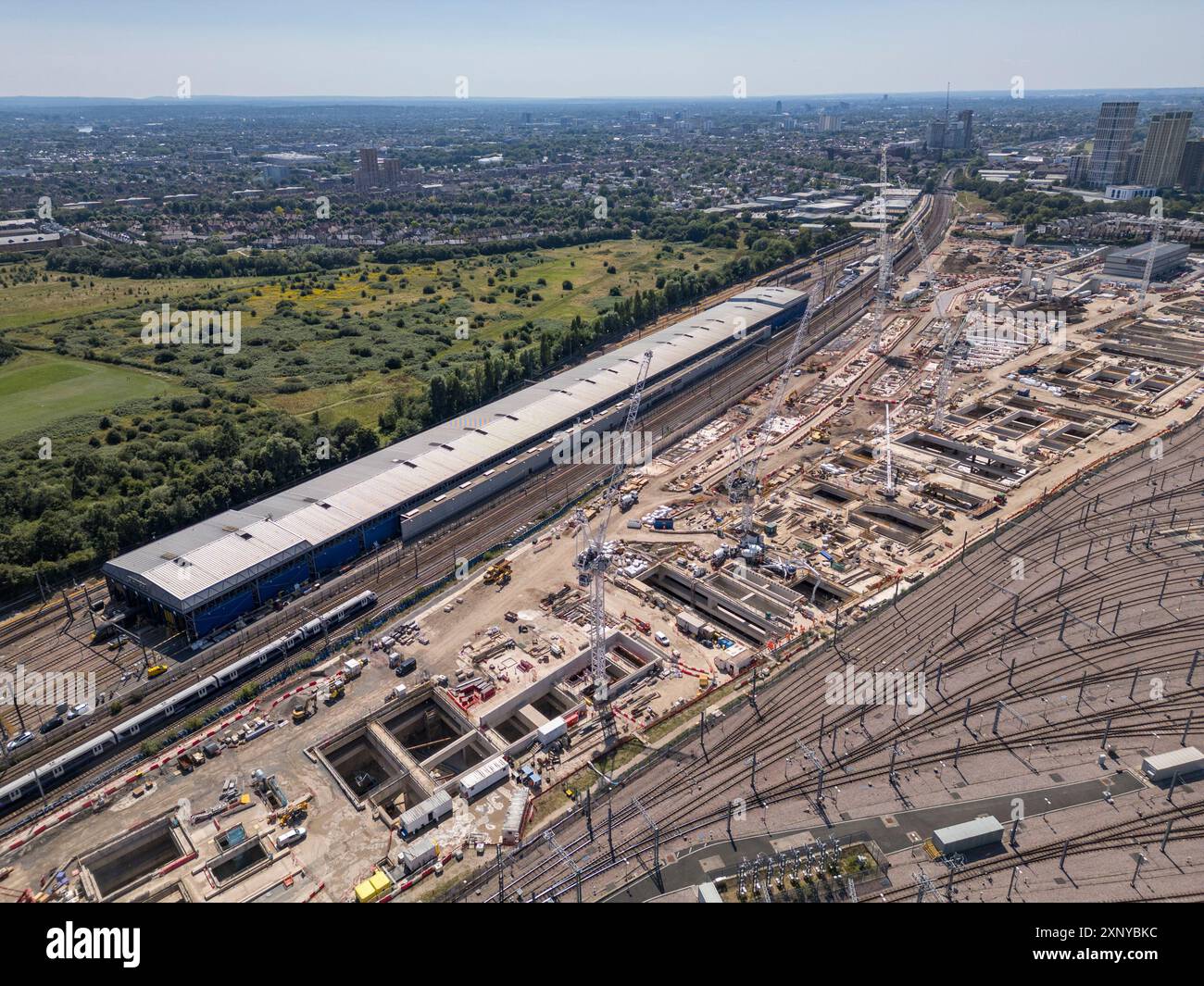 Aerial view of the HS2 Old Oak Common railway station construction site (July 2024), London, UK. Stock Photo