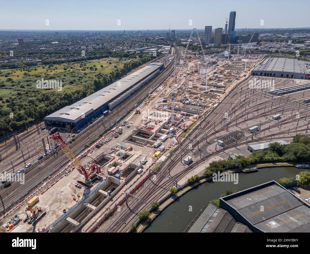 Aerial view of the HS2 Old Oak Common railway station construction site (July 2024), London, UK. Stock Photo