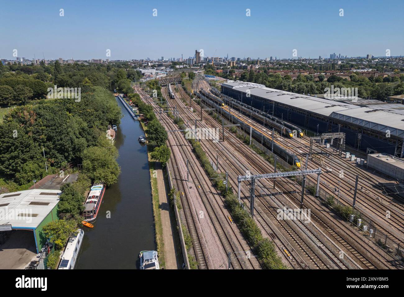 Aerial view of the Great Western Main Line heading towards central London, UK. Stock Photo