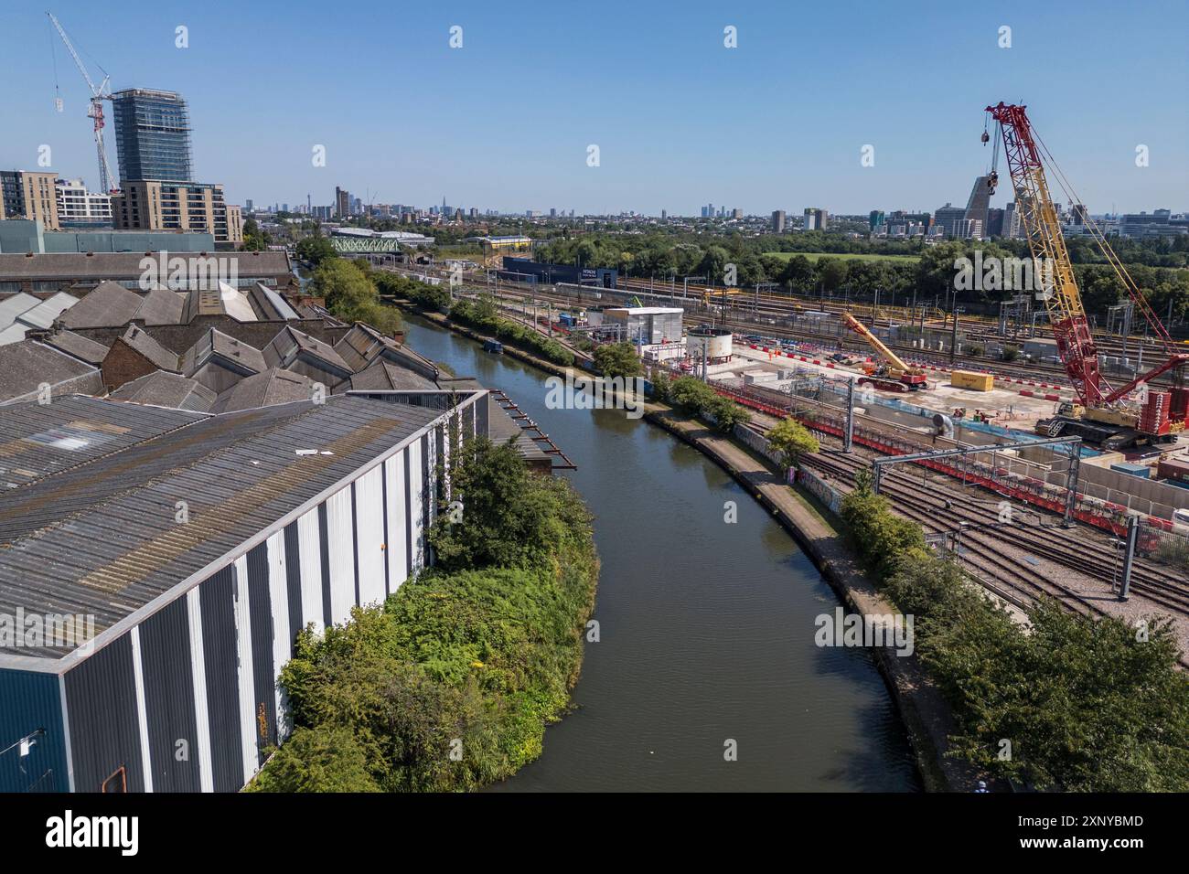 Aerial view of the Paddington Branch of the Grand Union Canal beside the Old Oak Common HS2 construction site, London, UK. Stock Photo