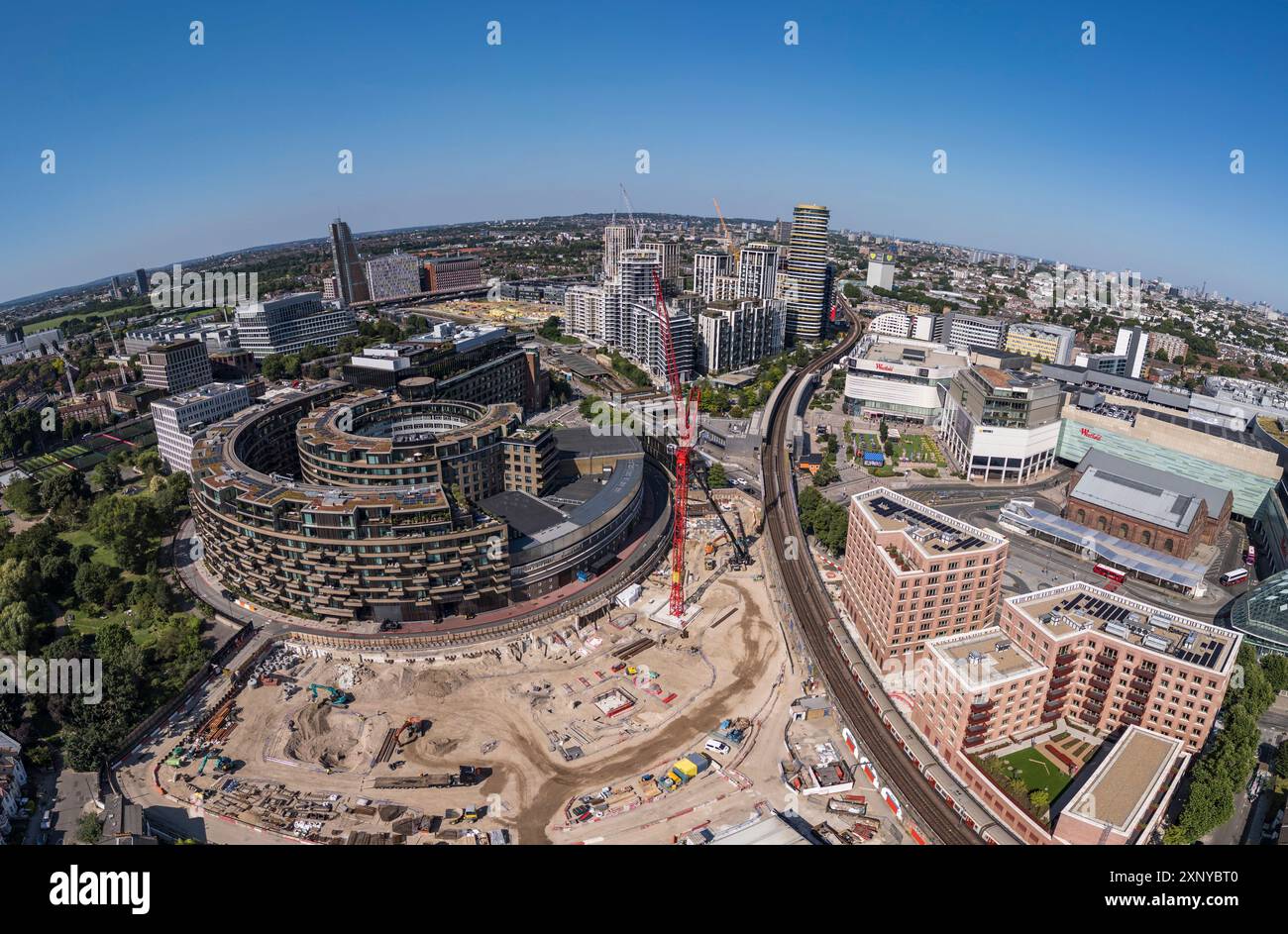 Aerial panoramic/wide angle view of the Television Centre complex in White City, London, UK. Stock Photo