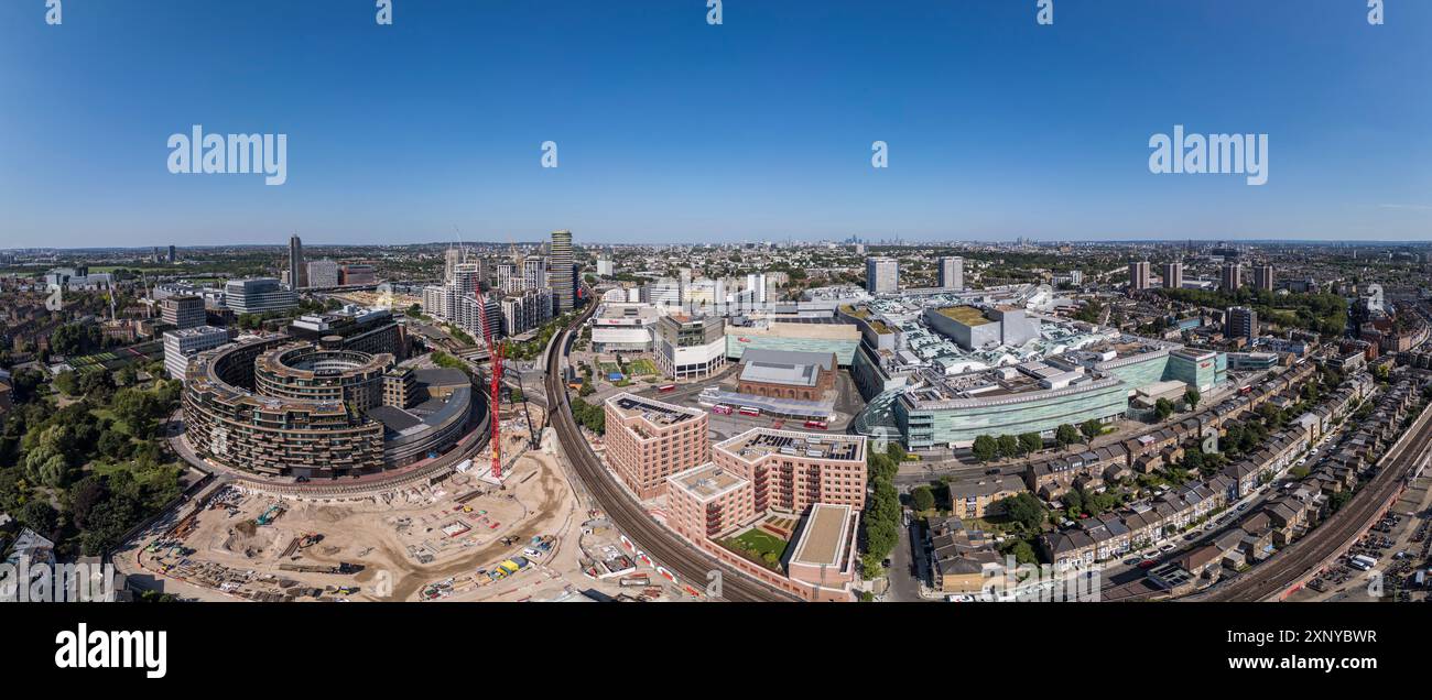 Aerial panoramic/wide angle view of the Television Centre complex and Westfield London, White City, London, UK. Stock Photo